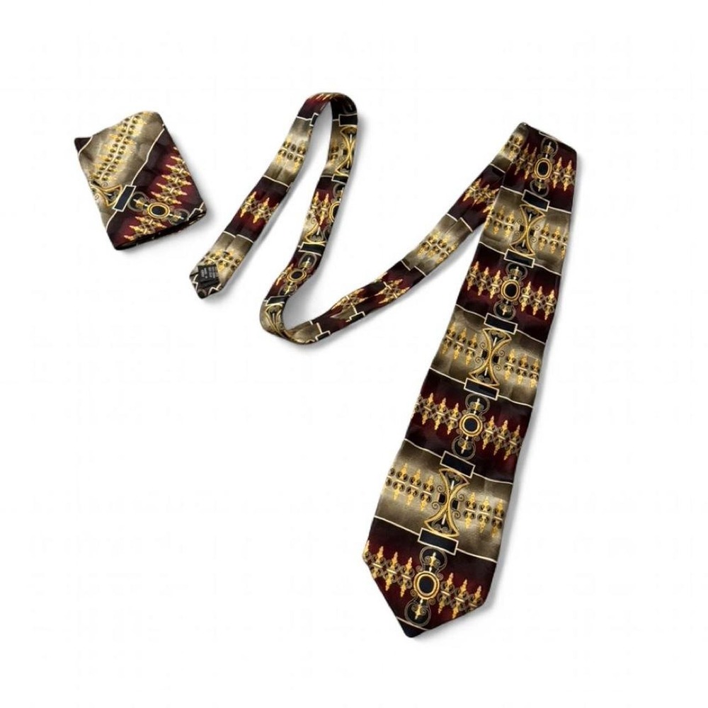 Vintage 90s Nicola Berti‎ Geometric Abstract Mosaic Silk Tie & Pocket Square
